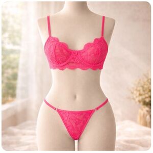 NEON PINK Lace Lingerie Set Underwire Bra & Panty Size Small
